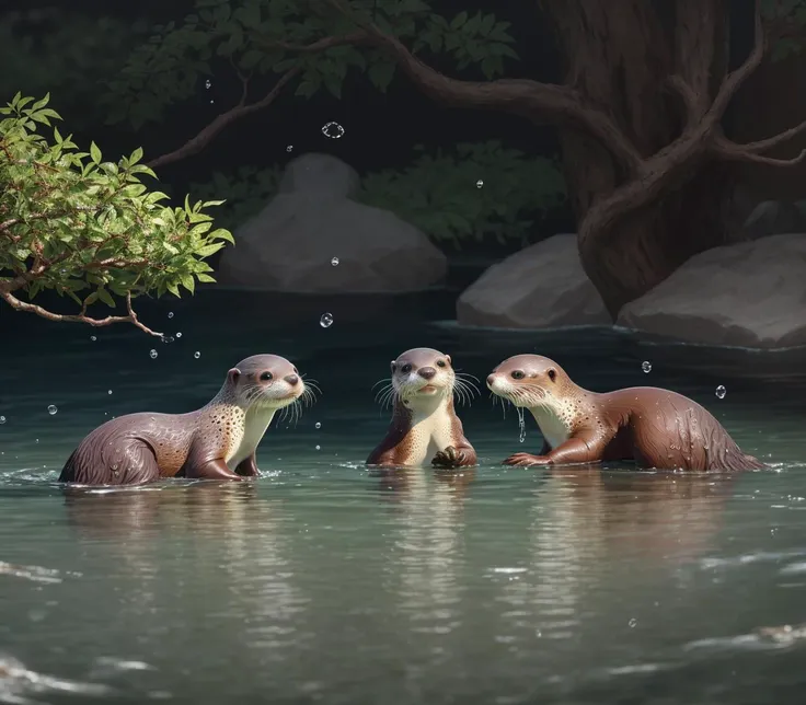 intricate details,8k,highres,(realistic and clear face),soft light,perfect shadow,
A group of cute otters are catching fish and eating near their branch nests. The fish in the water are hurriedly fleeing, splashing with water,