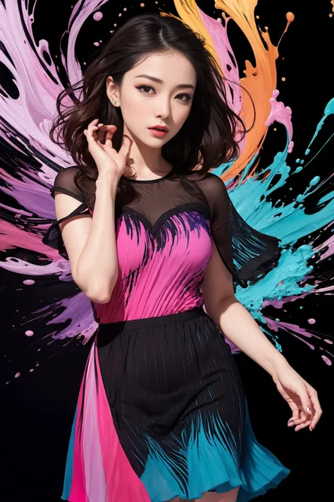 tangbohu-buff:2 Abstract, 8K, photo shot from front, mid-body portrait, highly-detailed, girl in a fluid and dynamic pose, wearing a loose, flowing pink dress, mysterious expression, curly black hair, [Zhang Ziyi|Aishwarya Rai], in a modern and abstract setting, with bold and colorful abstract art, blurred background, bright lighting