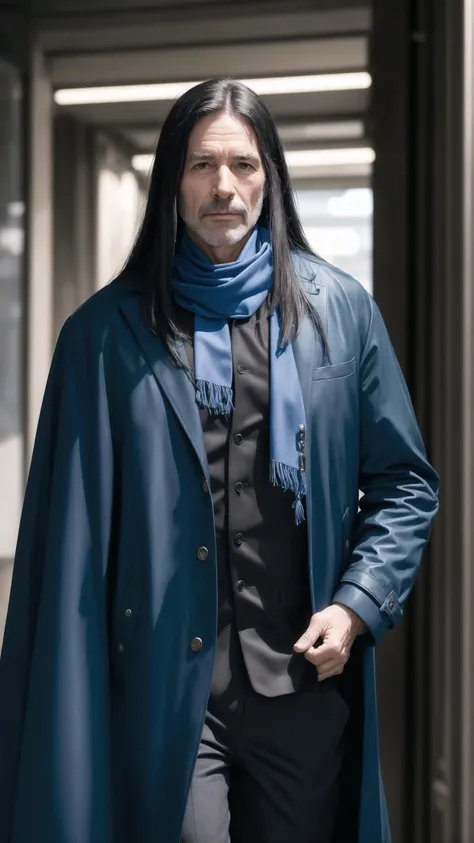 (middle age man), black hair,straight hair, blue bandana, futuristic coat