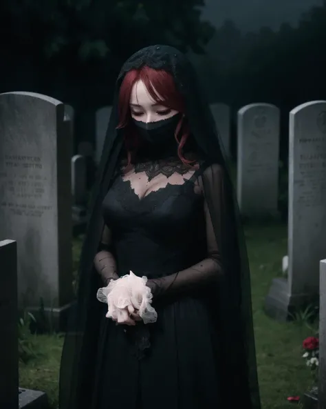 masterpiece,1girl, black_dress,black_veil,veil over eyes, widow,red_hair,graveyard, rain,wet,standing