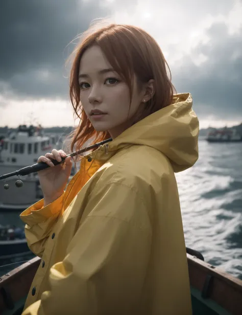 (masterpiece:1.2), best quality, photo of beautiful female fisherman, gingerhair, 40yo, wearing yellow raincoat, (on fishing boat:1.3), dark clouds, Photorealistic, Hyperrealistic, Hyperdetailed, analog style, hip cocked, demure, low cut, detailed skin, matte skin, soft lighting, subsurface scattering, realistic, heavy shadow, masterpiece, best quality, ultra realistic, 8k, golden ratio, Intricate, High Detail, film photography, soft focus