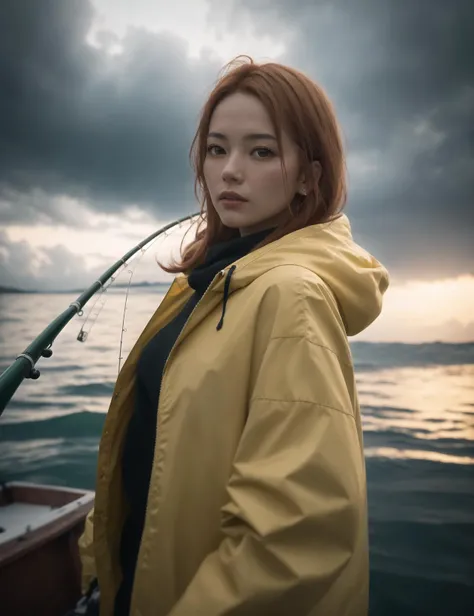 (masterpiece:1.2), best quality, photo of beautiful female fisherman, gingerhair, 40yo, wearing yellow raincoat, (on fishing boat:1.3), dark clouds, Photorealistic, Hyperrealistic, Hyperdetailed, analog style, hip cocked, demure, low cut, detailed skin, matte skin, soft lighting, subsurface scattering, realistic, heavy shadow, masterpiece, best quality, ultra realistic, 8k, golden ratio, Intricate, High Detail, film photography, soft focus