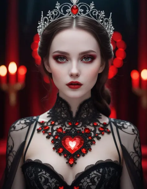 virtual realism style cinematic photo A hauntingly beautiful dark fantasy illustration , featuring a mystical female figure with striking red eyes, pale skin, and an alluring aura. Her intricately designed heart-shaped motifs adorn her hair, face, and attire, creating a mesmerizing visual effect. She wears a corset-style top with captivating heart patterns and a flowing garment that accentuates her ethereal grace. The predominantly monochromatic color scheme is accentuated by vibrant splashes of red on her cheeks and around her eyes, drawing focus to her mesmerizing gaze. The minimalistic background highlights the central figure, allowing her to command attention in all her enchanting splendor., vibrant, illustration, dark fantasy . 35mm photograph, film, bokeh, professional, 4k, highly detailed . digital, lifelike, immersive, detailed