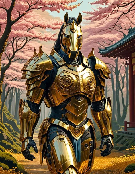 anthromuscular,Two notable acrylic futuristic painters are Syd Mead and Simon Stålenhag. Combining their distinctive styles to create a golden mechanical, electrical, robotical, motorized, cyberpunked, vintagepunk, decopunked patterned techno horse and knight in a golden leaf forest reminiscent of 1600s Japan would result in a visually stunning and intricate artwork.
 The horse is a magnificent blend of mechanical and organic elements. Its body is covered in sleek, golden armor plates with intricate, decopunk patterns and glowing cyberpunk circuitry.
Mechanical joints and hydraulic systems are visible, giving it a robust and powerful appearance. Its eyes are illuminated with a blue LED light, and various gears and motors are subtly integrated into its design.
 The knight’s armor is a harmonious mix of traditional samurai design and futuristic enhancements. The armor is made from the same golden material as the horse, adorned with detailed patterns inspired by both decopunk and vintagepunk aesthetics.
 The helmet features a cyberpunk visor that glows with a soft blue light, contrasting with the gold.
 The knight wields a high-tech spear or katana, with an energy blade or neon-infused details.
The forest is filled with trees that have leaves of pure gold, creating a rich, luminous backdrop. The leaves gently shimmer and catch the light, casting a warm, ethereal glow over the scene.
 The forest floor is covered in a soft, mossy layer with golden hues. Delicate cherry blossoms, also in shades of gold, float through the air, adding to the mystical atmosphere.
In the background, traditional Japanese structures from the 1600s can be seen, blending seamlessly with the futuristic elements. Pagodas and temples with curved roofs are integrated into the golden landscape.
 - *<lora:anthromuscular:1>