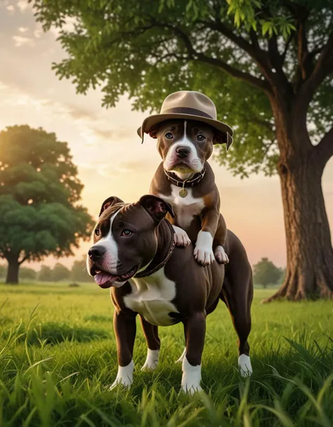 cinematic photo a with a hat riding a large Pitbull dog in a green meadow with a tree that makes him gloomy on a very nice sunset in and with a 64k resolution, photo, illustration, 3d render, painting, fashion, portrait photography, dark fantasy . 35mm photograph, film, bokeh, professional, 4k, highly detailed