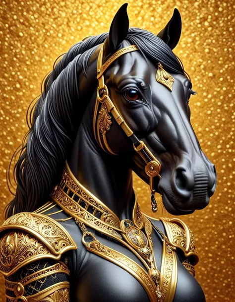 breathtaking a 3d black and gold pop art anthro horse with a gold-like background Hyperrealistic, 3d render, portrait photography, fashion, dark fantasy, vibrant, conceptual art<lora:helios-geo:0.7> <lora:DANGUBA:0.5> <lora:anthromuscular:1> . award-winning, professional, highly detailed