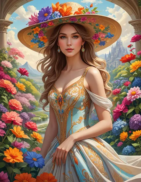 ethereal fantasy concept art of concept art breathtaking A mesmerizing surrealist painting captures a captivating young woman, with the top half adorned in a kaleidoscope of vibrant, detailed colors. Her ornate, flowing gown and wide-brimmed hat are adorned with an array of vivid, colorful flowers. The bottom half of the painting is rendered in a monochromatic, sketch-like style, adding a unique contrast to the overall composition. The enchanting garden backdrop bursts with colorful blooms and lush foliage, creating a magical atmosphere that harmonizes with the woman's striking appearance. This extraordinary, elegant, and graceful scene is a true masterpiece, showcasing the artist's exceptional talent., painting . award-winning, professional, highly detailed . digital artwork, illustrative, painterly, matte painting, highly detailed . magnificent, celestial, ethereal, painterly, epic, majestic, magical, fantasy art, cover art, dreamy