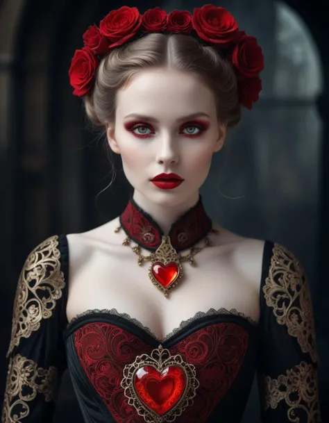 steampunk style surrealist art cinematic photo A hauntingly beautiful dark fantasy illustration , featuring a mystical female figure with striking red eyes, pale skin, and an alluring aura. Her intricately designed heart-shaped motifs adorn her hair, face, and attire, creating a mesmerizing visual effect. She wears a corset-style top with captivating heart patterns and a flowing garment that accentuates her ethereal grace. The predominantly monochromatic color scheme is accentuated by vibrant splashes of red on her cheeks and around her eyes, drawing focus to her mesmerizing gaze. The minimalistic background highlights the central figure, allowing her to command attention in all her enchanting splendor., vibrant, illustration, dark fantasy . 35mm photograph, film, bokeh, professional, 4k, highly detailed . dreamlike, mysterious, provocative, symbolic, intricate, detailed . antique, mechanical, brass and copper tones, gears, intricate, detailed
