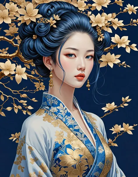 A surreal and impressionism digital ink painting that showcases a mesmerizing woman-bonsai hybrid seamlessly blending human and plant elements. The enchanting figure flaunts a delicate blue bonsai hairstyle adorned with intricate gold patterns, flowing harmoniously into her natural hair. Her half-closed blue eyes exude serenity, while her lightly powdered ash-colored eyelids give her expression depth. Her gilded, parted lips embody grace and elegance. Set against a luxuriously dark blue background, this cinematic illustration highlights the artist's masterful skill, transforming the subject into a truly captivating work of art. This piece transcends boundaries of fashion, product, and conceptual art, making it a truly unique and enchanting creation., anime, ukiyo-e, fashion