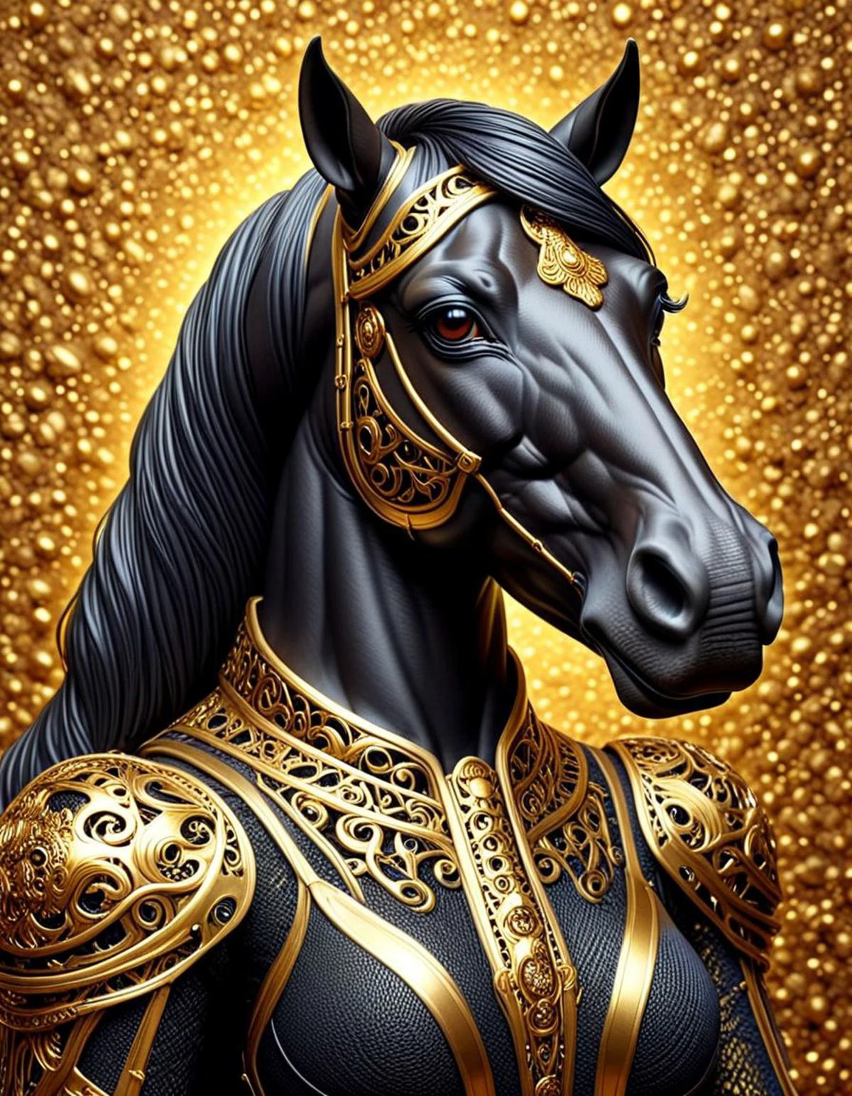 breathtaking anthromuscular, 3d black and gold pop art anthro horse with a gold-like background Hyperrealistic, 3d render, portrait photography, fashion, dark fantasy, vibrant, conceptual art<lora:helios-geo:0.7> <lora:DANGUBA:0.5> <lora:anthromuscular:1> . award-winning, professional, highly detailed