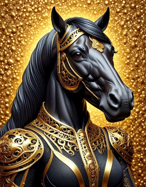 breathtaking anthromuscular, 3d black and gold pop art anthro horse with a gold-like background Hyperrealistic, 3d render, portrait photography, fashion, dark fantasy, vibrant, conceptual art<lora:helios-geo:0.7> <lora:DANGUBA:0.5> <lora:anthromuscular:1> . award-winning, professional, highly detailed