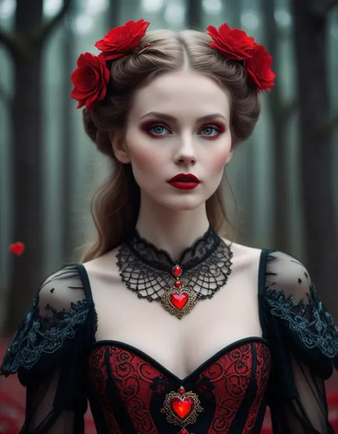 surrealist art cinematic photo A hauntingly beautiful dark fantasy illustration , featuring a mystical female figure with striking red eyes, pale skin, and an alluring aura. Her intricately designed heart-shaped motifs adorn her hair, face, and attire, creating a mesmerizing visual effect. She wears a corset-style top with captivating heart patterns and a flowing garment that accentuates her ethereal grace. The predominantly monochromatic color scheme is accentuated by vibrant splashes of red on her cheeks and around her eyes, drawing focus to her mesmerizing gaze. The minimalistic background highlights the central figure, allowing her to command attention in all her enchanting splendor., vibrant, illustration, dark fantasy . 35mm photograph, film, bokeh, professional, 4k, highly detailed . dreamlike, mysterious, provocative, symbolic, intricate, detailed