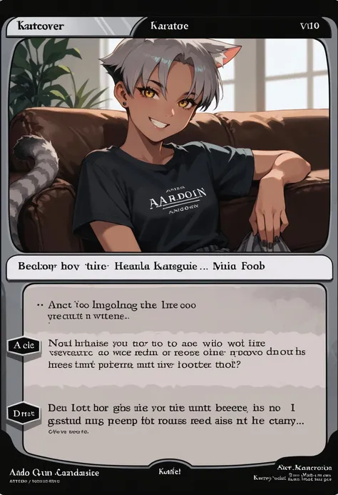 c4rd,english text,character name,
sofa, smiling, leaning to the side,
KaraVert, dark-skinned female, animal ears, striped tail, grey tail, yellow eyes, grey hair, short hair, stud earrings, black nails
,score_9,score_8_up,score_7_up, source_anime,
<lora:MTG_card_v2:1> <lora:Kara-VertigrisPDXL_V1-Manityro-CAME:1>