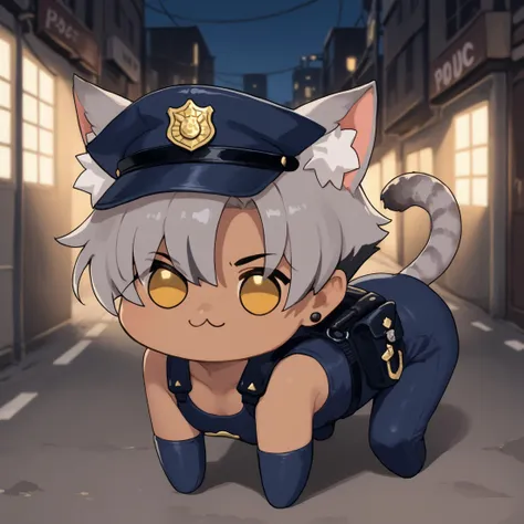 score_9, score_8_up, score_7_up, 1girl, KaraVert, dark-skinned female, dark skin, animal ears, striped tail, grey tail, yellow eyes, grey hair, short hair, stud earrings, 
policewoman, police uniform, police hat
<lora:Doro_X_PDXL_V1:1.05>, doro, creature, :3, chibi, no humans, four legs, solid circle eyes, no pupils, smug, all fours,
outdoors, city, alley, dark, night,
<lora:Kara-VertigrisPDXL_V1-Manityro-CAME:1.0>,