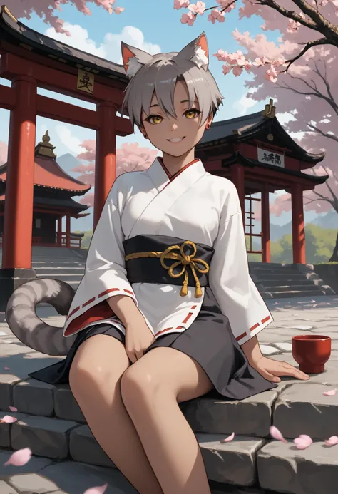 score_9, score_8_up, score_7_up, 1girl, KaraVert, dark-skinned female, dark skin, animal ears, striped tail, grey tail, yellow eyes, grey hair, short hair, stud earrings, medium breasts, toned,
miko, shrine maiden,
looking at viewer, smile,
outdoors, shrine, cherry blossoms, wind, sitting,
<lora:Kara-VertigrisPDXL_V1-Manityro-CAME:1.0>,