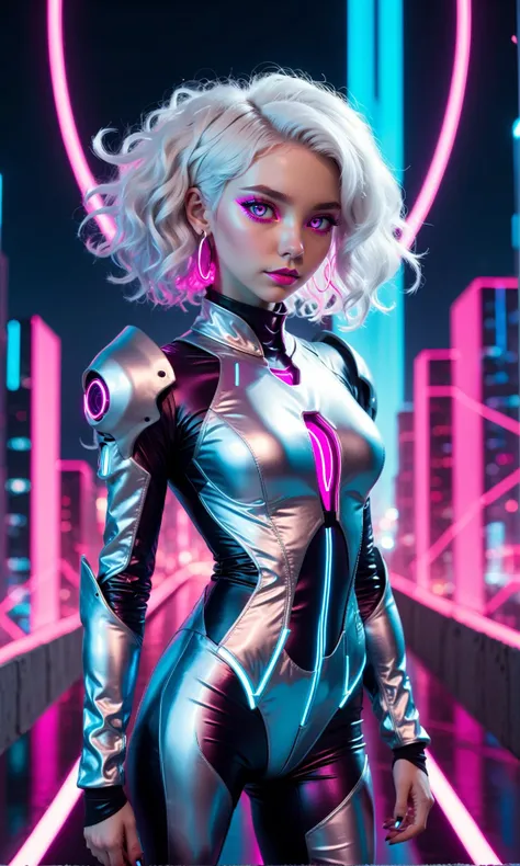 troncore cityscape background, <lora:EnvyTroncoreXL01:1>, (full body photo of woman standing in troncore city:1.2),(perfect face, photoshoot, studio lighting,couture:1.1),(pale, 24 years old, large covered breasts, cleavage, skinny waist, slender athletic figure, young woman, futuristic fashionista:1.0),(Oval-shaped face, luminous complexion, glowing aqua almond-shaped eyes, thin high arched eyebrows, short upturned nose, cupid's bow lips:1.0),(backlit curly messy medium white hair:1.0),form-fitting space suit with neon magenta accents that highlight her silhouette,(dragon scale leggings:1.0),delicate metallic choker made of liquid silver,silver hoop earrings,blue hour sky