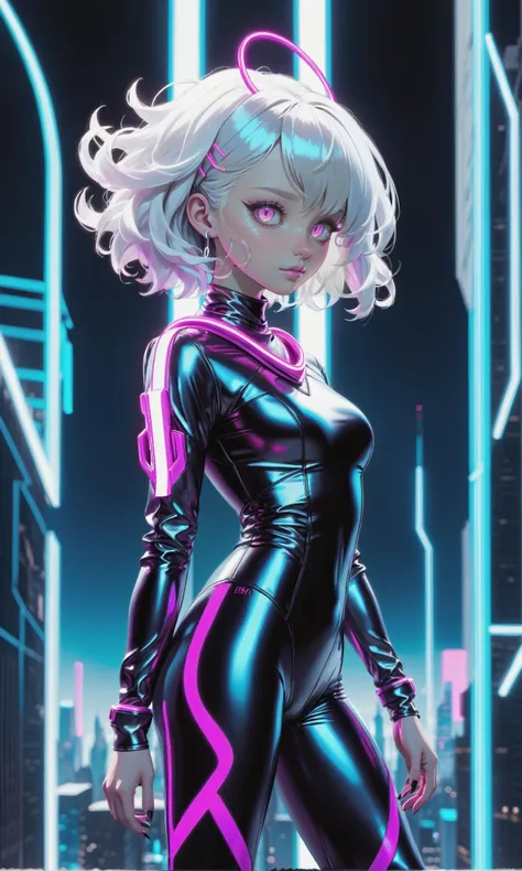 troncore cityscape background, <lora:EnvyTroncoreXL01:1>, (full body photo of woman standing in troncore city:1.2),(perfect face, photoshoot, studio lighting,couture:1.1),(pale, 24 years old, large covered breasts, cleavage, skinny waist, slender athletic figure, young woman, futuristic fashionista:1.0),(Oval-shaped face, luminous complexion, glowing aqua almond-shaped eyes, thin high arched eyebrows, short upturned nose, cupid's bow lips:1.0),(backlit curly messy medium white hair:1.0),form-fitting space suit with neon magenta accents that highlight her silhouette,(dragon scale leggings:1.0),delicate metallic choker made of liquid silver,silver hoop earrings,blue hour sky