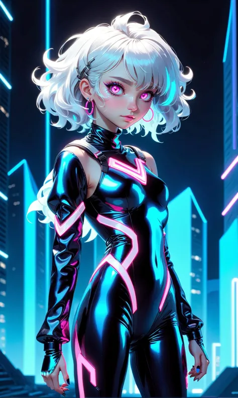 troncore cityscape background, <lora:EnvyTroncoreXL01:1>, (full body photo of woman standing in troncore city:1.2),(perfect face, photoshoot, studio lighting,couture:1.1),(pale, 24 years old, large covered breasts, cleavage, skinny waist, slender athletic figure, young woman, futuristic fashionista:1.0),(Oval-shaped face, luminous complexion, glowing aqua almond-shaped eyes, thin high arched eyebrows, short upturned nose, cupid's bow lips:1.0),(backlit curly messy medium white hair:1.0),form-fitting space suit with neon magenta accents that highlight her silhouette,(dragon scale leggings:1.0),delicate metallic choker made of liquid silver,silver hoop earrings,blue hour sky