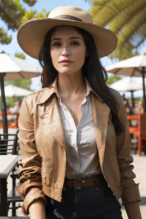gemmaArt1 piercing eyes, looking straight, very happy,long hair, wearing a tan jacket, tan hat, closeup portrait, in a outdoor cafe in 2015, afternoon light