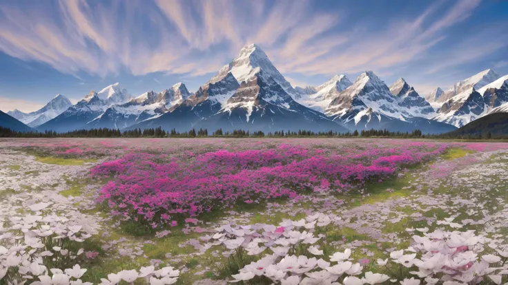 Psychedelic style a field of flowers with mountains in the background with snow on its peak, marsh, purple sand, unlike anything on earth, pink petals, scene beautiful, diffused wide image . Vibrant colors, swirling patterns, abstract forms, surreal, trippy