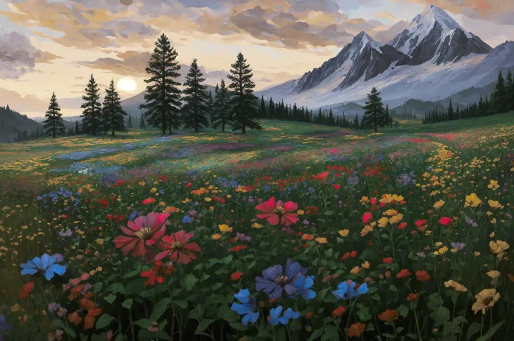 Psychedelic style a field of wildflowers and other flowers in front of a mountain, 8k award-winning painting, in a dreamlike setting, in tall, long wildflower field, painted in impressionist style, brushstroke painting technique, palette knife painting, an expressive oil painting, [(colorful explosion psychedelic paint colors:1.2):0.25], Leonid Afremov . Vibrant colors, swirling patterns, abstract forms, surreal, trippy