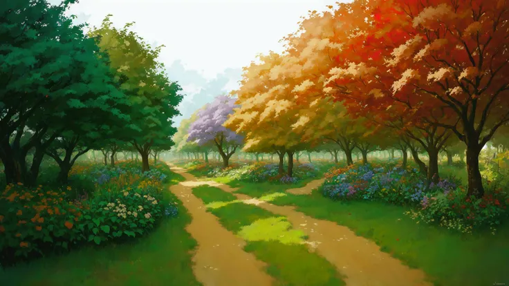 a dirt road with trees and leaves in the background, vibrantly colorful, beautiful Eden Garden, apple trees, wide image, acrylic palette knife, style of Makoto Shinkai studio Ghibli Genshin impact James Gilliard Greg Rutkowski