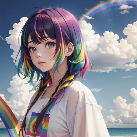 masterpiece, best quality, a girl with rainbow colored hair, standing under the sky, divine, face_focus,