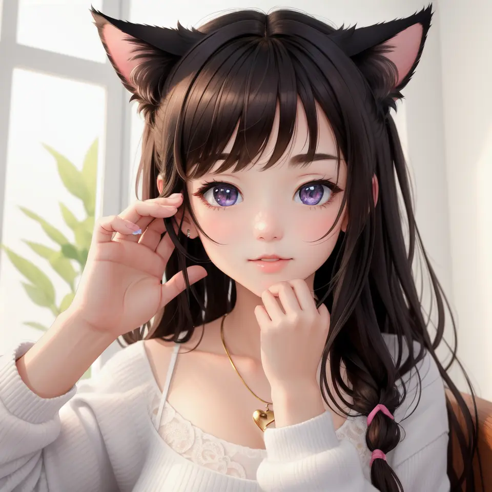 best quality, masterpiece, wallpaper, portrait of a cute catgirl, hands_behind_back, face_focus,