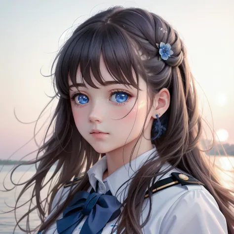 best quality, realism, wallpaper, blue_eyes, detailed, face_focus, dawn, outdoors, uniform, puffy_hair, thick_hair, 1girl, bicolored_hair,