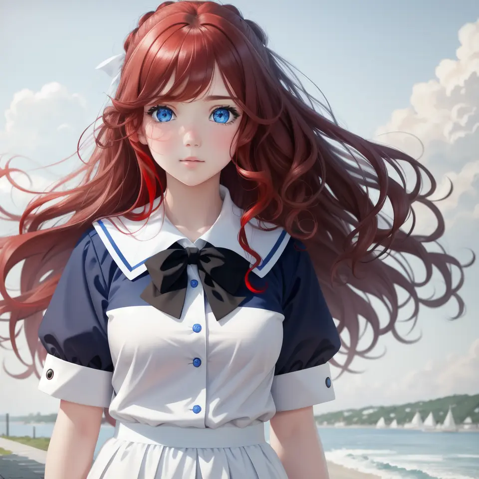 best quality, realism, wallpaper, blue_eyes, detailed, face_focus, dawn, outdoors, uniform, puffy_hair, thick_hair, 1girl,red_hair, black_and_white_hair,