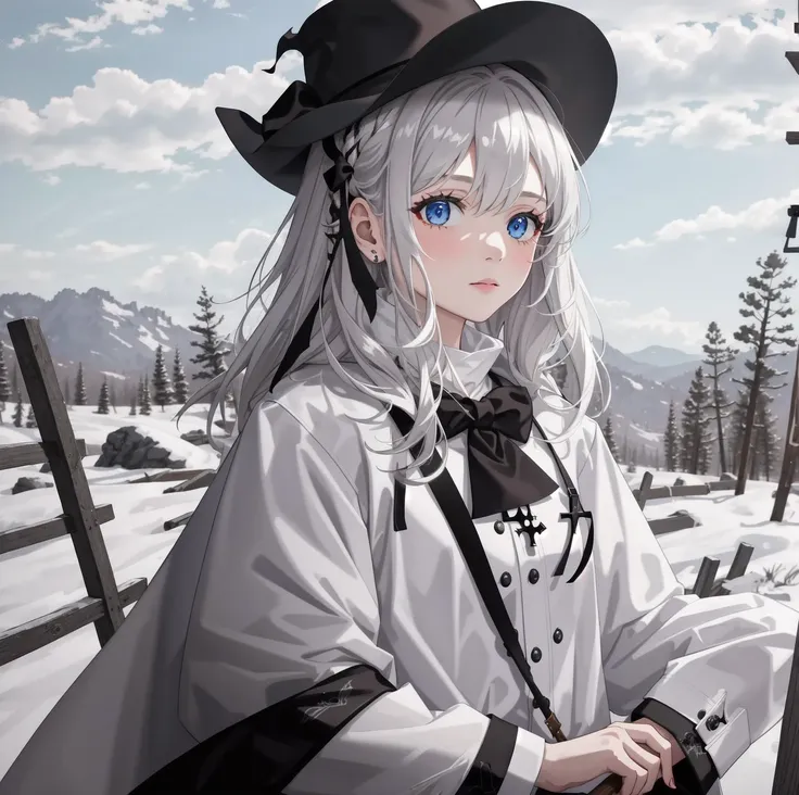 best quality, masterpiece, 1girl, upper_body, coat, luxury, solo, artistic, detailed, highres, pilgrim, messy_hair, outdoors,  wild_west, white_hair, dark clothing, wearing cross,