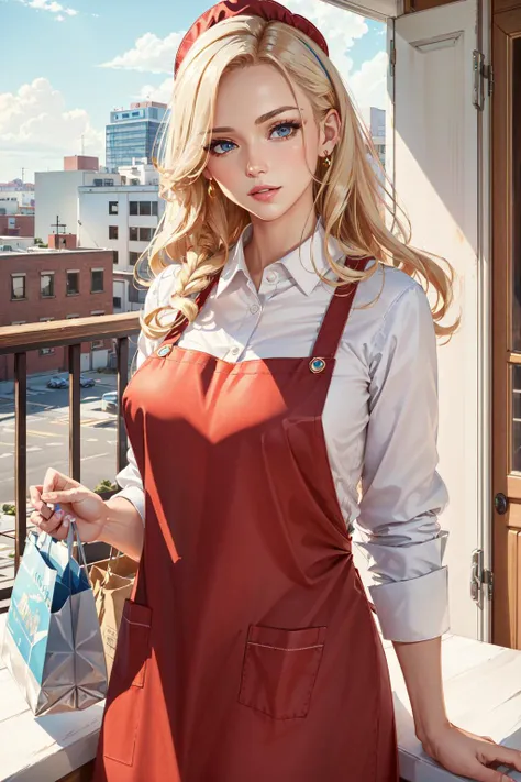 (masterpiece, best quality:1.4), ultra-detailed, beautiful lighting, perfect lighting, a woman, working, groceries, store, perfect face, detailed face, pink lips, glossy lips, makeup, expressive eyes, (blonde hair, tied hair), (white shirt:1.4), (red apron:1.4), (badge, name tag), cash register, balcony,