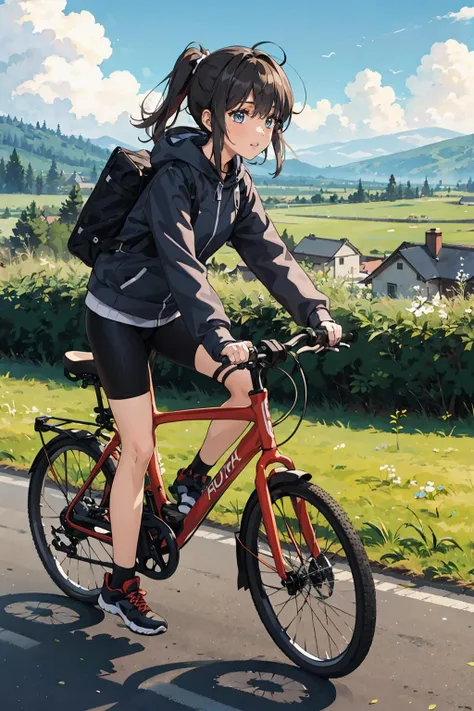 1girl riding a bike, landscape <lora:L_RM-KA1:1.1>  <lora:L_RM-KA2:1.1>