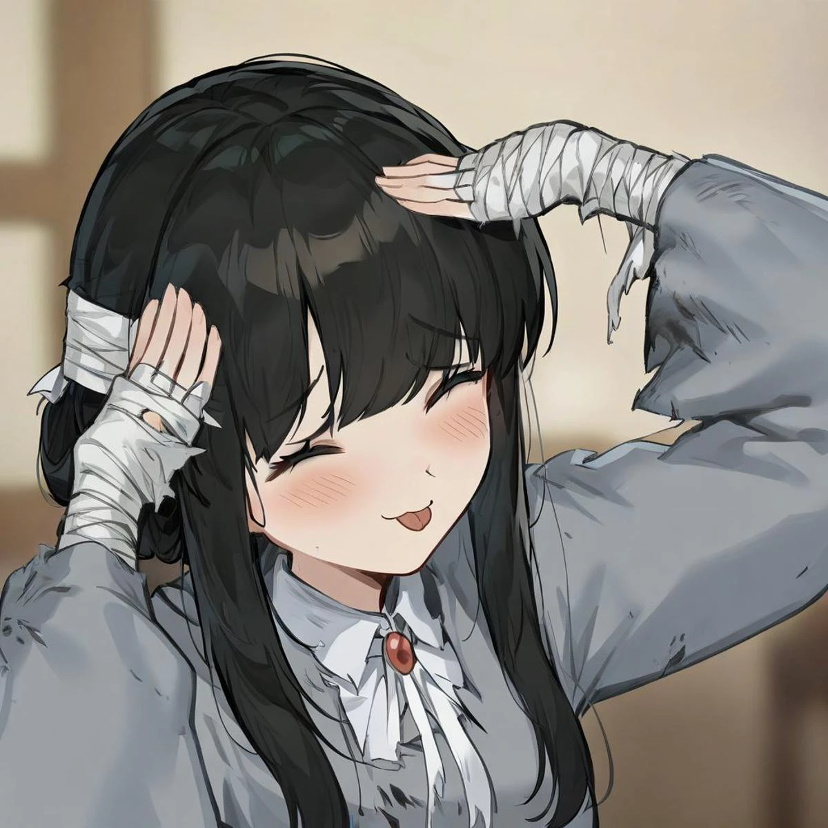 pov cheek warming \(meme\),
1girl,michiho,solo,grey eyes, black hair,grey dress,long sleeves, bandages,torn clothes,hair ornament,
upper_body,
tongue out,closed eyes,:3,blush,smile,upper body,
masterpiece,best quality,