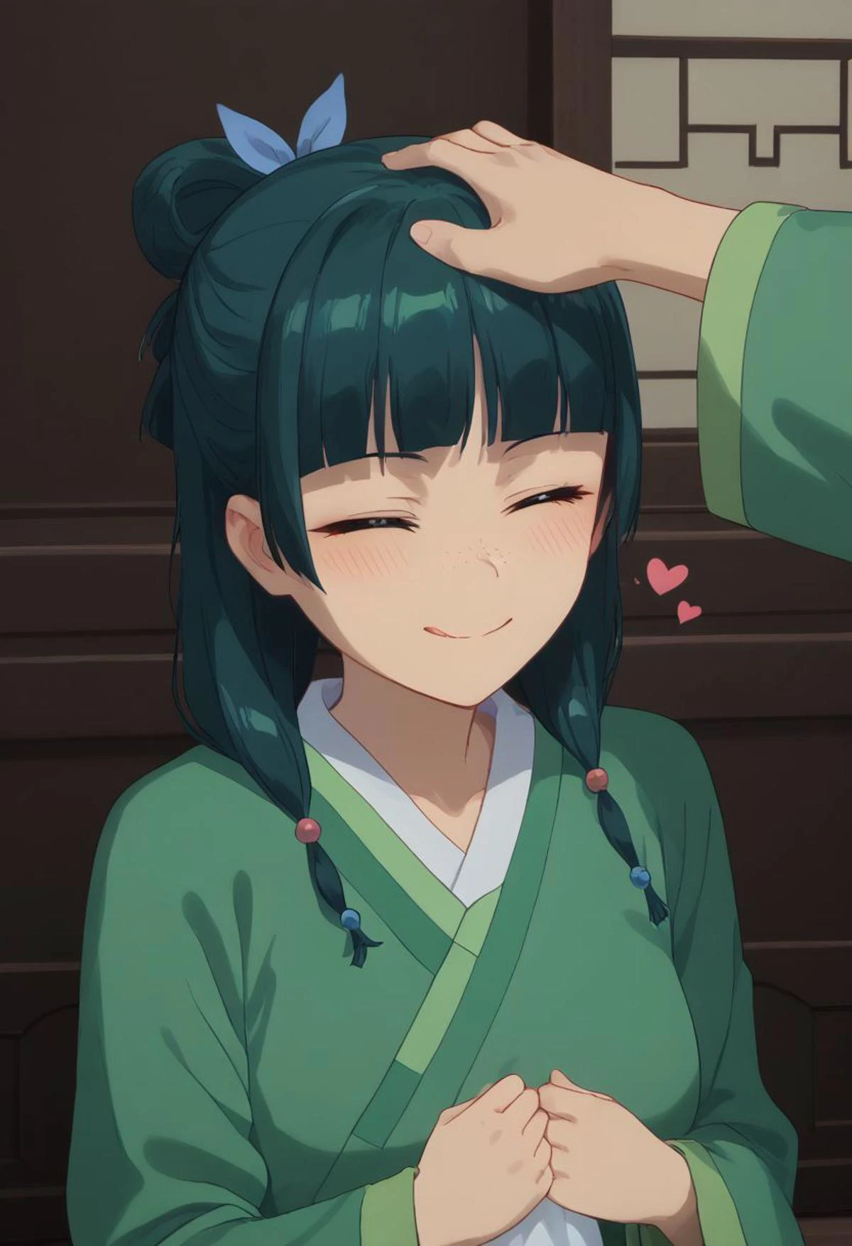 Blush, wavy mouth, IncrsXLHeadpatPOV, Head pat, japanese clothes, robe, green robe, long sleeves, wide sleeves, skirt, red skirt,,tongue out,closed eyes,:3,blush,smile,upper body,, Nsfw, Towel maomao, long hair, bangs, blue eyes, hair ornament, green hair, blunt bangs, freckles, hair bun, single hair bun, Standing, , , Small breast, Smug face, Close up, Expressiveh, , Big breast, score_9, score_8_up, score_7_up, pinup girl pose, Expressiveh, shoulder, , floating neon hearts, , , , reizeiin_toka,green_eyes,green_hair,breasts,medium_breasts,cleavage,smile