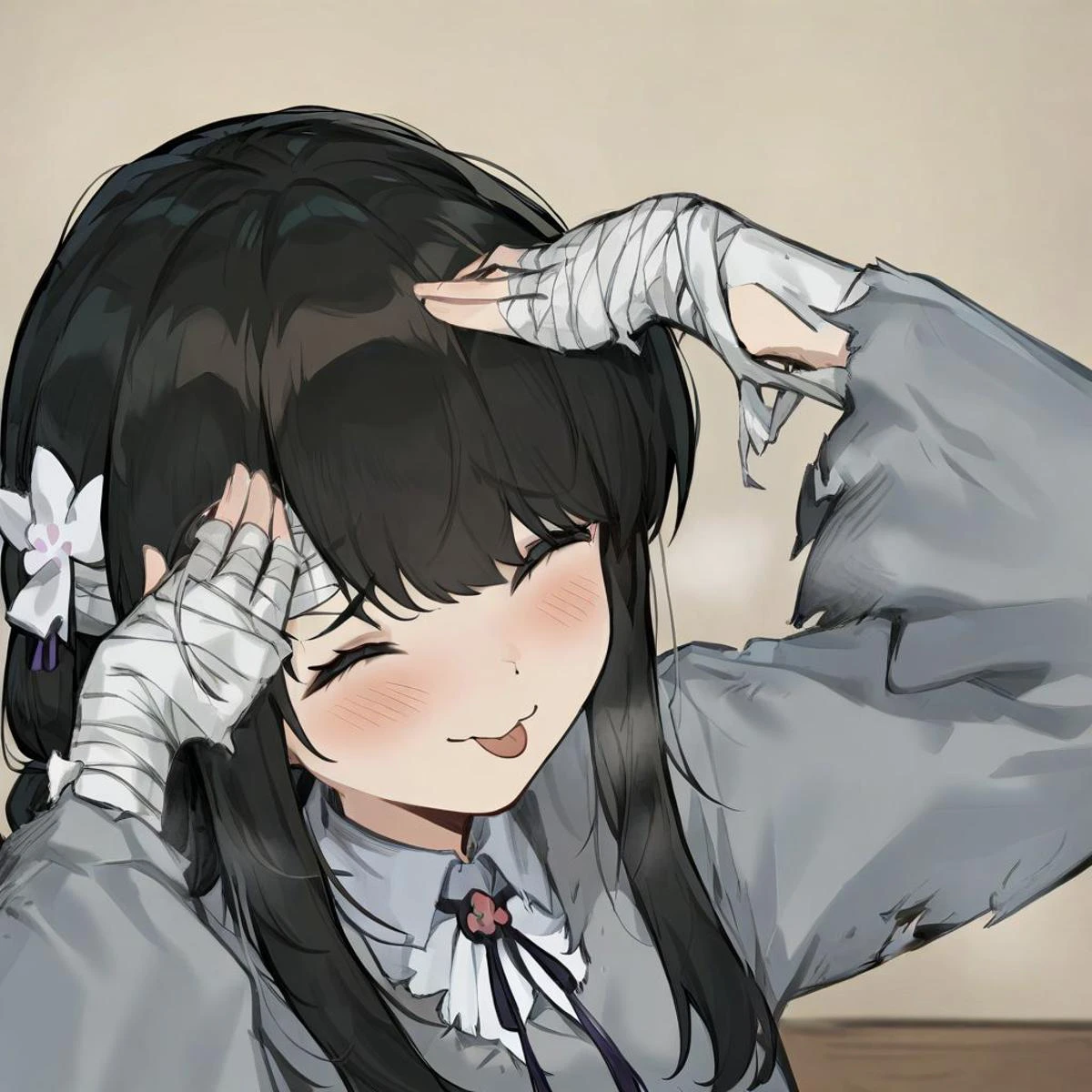 pov cheek warming \(meme\),
1girl,michiho,solo,grey eyes, black hair,grey dress,long sleeves, bandages,torn clothes,hair ornament,
upper_body,
tongue out,closed eyes,:3,blush,smile,upper body,
masterpiece,best quality,