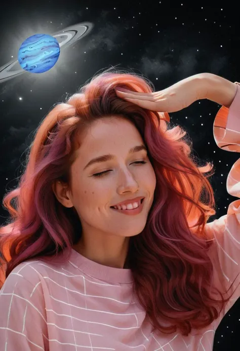 pinkish colorful translucent, Bw-grignani, freckled natural woman ,tongue out,closed eyes,:3,blush,smile,upper body, long wavy hair throughout the frame, in outer space, dark with vibrant planets, made of very bold lines, emphasis lines, vertical and horizontal lines, perfect lines, infinity lines,