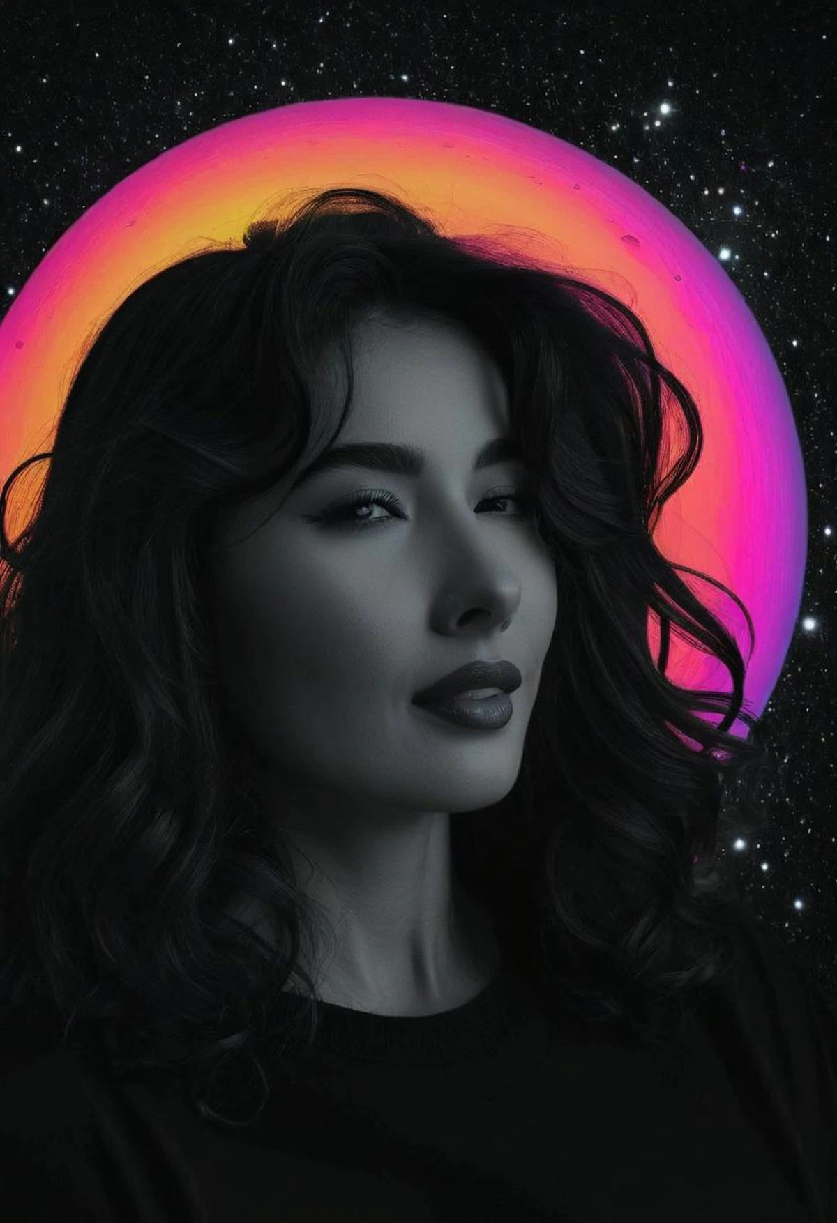 black rgb spectral 80s neon, Bw-grignani, An simple colorful goddess in outer space, dark with vibrant planets, made of very bold lines, emphasis lines, vertical and horizontal lines, perfect lines, infinity lines, pinkish colorful translucent, Bw-grignani, freckled natural woman ,tongue out,closed eyes,:3,blush,smile,upper body, long wavy hair throughout the frame, in outer space, dark with vibrant planets, made of very bold lines, emphasis lines, vertical and horizontal lines, perfect lines, infinity lines,