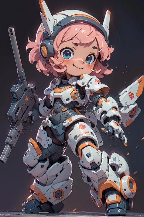 BJ_Cute_Mech,1girl,solo,looking_at_viewer,blush,smile,blue_eyes,holding,closed_mouth,standing,full_body,weapon,pink_hair,grey_background,chibi,holding_weapon,gun,helmet,mecha_musume,power_armor,
cinematic lighting,strong contrast,high level of detail,Best quality,masterpiece,White background,<lora:Cute_Mech_style(4080):0.7>,