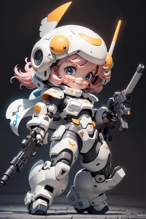 BJ_Cute_Mech,1girl,solo,looking_at_viewer,blush,smile,blue_eyes,holding,closed_mouth,standing,full_body,weapon,pink_hair,grey_background,chibi,holding_weapon,gun,helmet,mecha_musume,power_armor,
cinematic lighting,strong contrast,high level of detail,Best quality,masterpiece,White background,<lora:Cute_Mech_style(4080):0.7>,