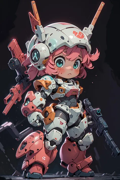 BJ_Cute_Mech,1girl,solo,blush,blue_eyes,holding,closed_mouth,standing,full_body,weapon,pink_hair,chibi,holding_weapon,armor,aqua_eyes,gun,helmet,black_background,clenched_hand,holding_gun,mecha_musume,power_armor,
cinematic lighting,strong contrast,high level of detail,Best quality,masterpiece,White background,<lora:Cute_Mech_style(4080):0.7>,