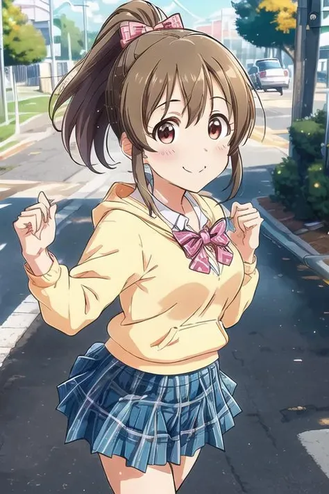 hori yuko, brown hair, brown eyes, ponytail , hair bow, pink scrunchie, yellow hoodie, blue skirt, plaid skirt, school uniform, bowtie,
best quality, highres,1girl, cute, small boobs,
standing,
smile, outdoor, morning, noon,
<lora:Hori_Yuko_v4:0.7>,