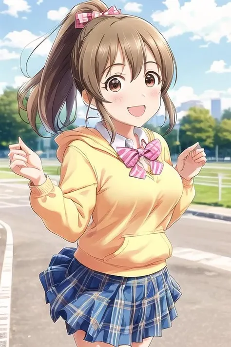 hori yuko, brown hair, brown eyes, ponytail , hair bow, pink scrunchie, yellow hoodie, blue skirt, plaid skirt, school uniform, bowtie,
best quality, highres,1girl, cute, small boobs,
standing, looking at viewer, cowboy shot,
smile, outdoor, morning, noon,
<lora:Hori_Yuko_v4:0.7>,