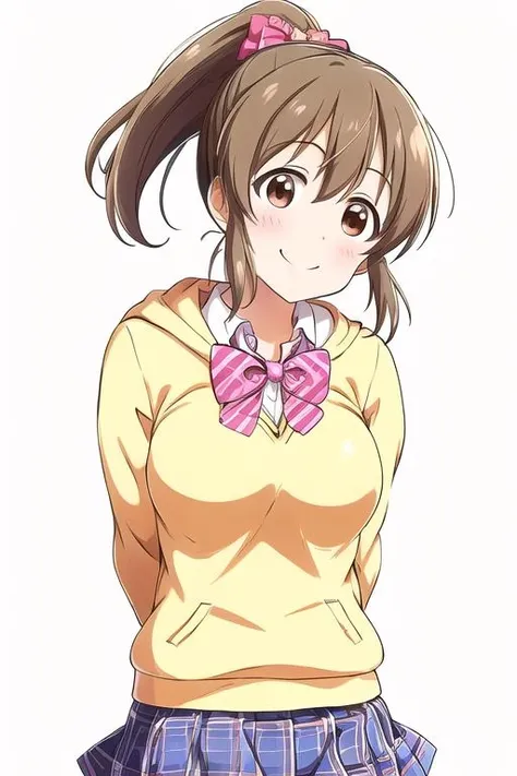hori yuko, brown hair, brown eyes, ponytail , hair bow, pink scrunchie, yellow hoodie, blue skirt, plaid skirt, school uniform, bowtie,
best quality, highres,1girl, cute, small boobs,
standing,
smile, outdoor, morning, noon,
<lora:Hori_Yuko_v4:0.7>,