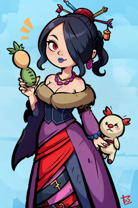 Masterpiece, best quality, <lora:LuluV3:.9>, mature female, LuluX, black hair, red eyes, hair over one eye, makeup, lipstick, jewelry, strapless dress, (multiple belts:1.2), stuffed toy, cactuar, moogle, fur trim, off-shoulder dress, magic,