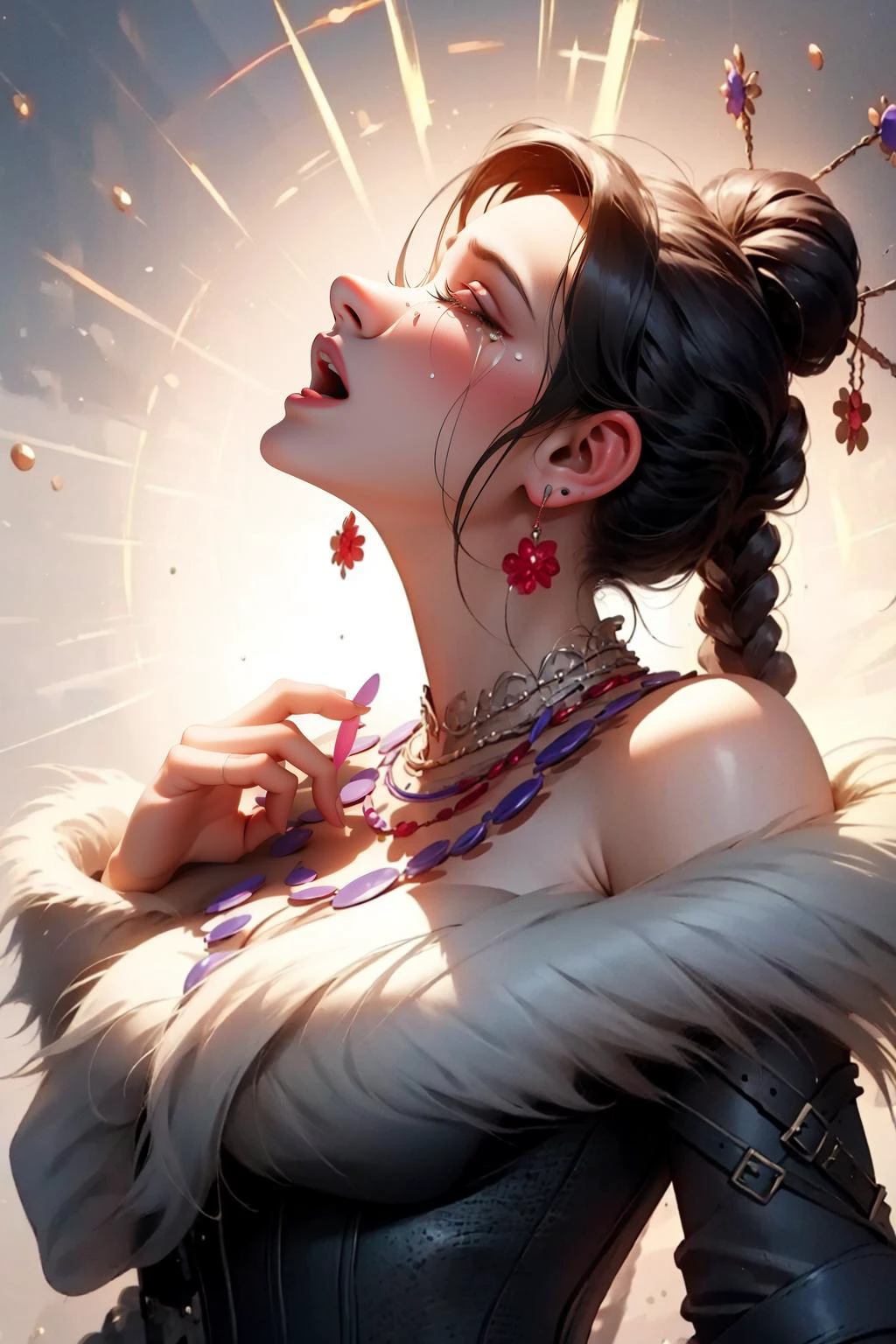 Masterpiece, best quality, <lora:LuluV3:.85>, CryingAsagiriAya mature female, profile, looking up, portrait, LuluX, closed eyes, open mouth, sad, tears:1.6, furrowed brow, hair over one eye, makeup, lipstick, jewelry, strapless dress, hand on own chest, (multiple belts:1.2), fur trim, off-shoulder dress, <lora:CryingAsagiriAya:0.8> simple background, black background,