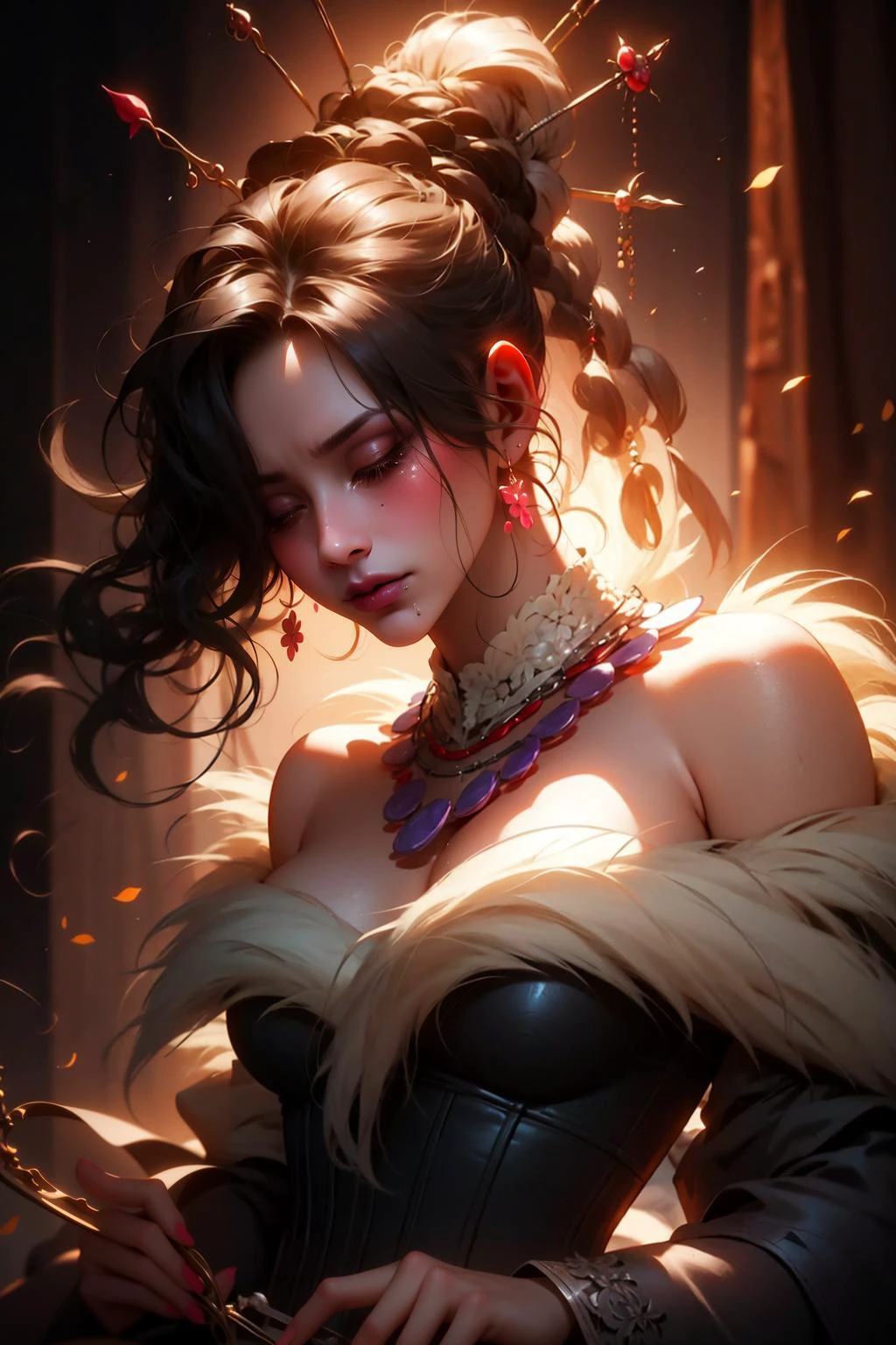 Masterpiece, best quality, <lora:LuluV3:.9>, mature female, LuluX, closed eyes, sad, tears:1.6, furrowed brow, hair over one eye, makeup, lipstick, jewelry, strapless dress, hand on own chest, (multiple belts:1.2), fur trim, off-shoulder dress,