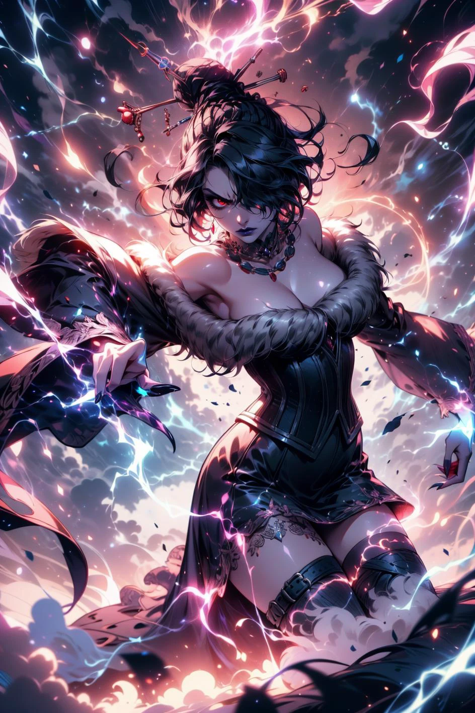 Masterpiece, best quality, <lora:LuluV3:.9> thundermagic, excessive energy, charged aura, LuluX red eyes, hair over one eye, furrowed brow, angry:1.3, makeup, lipstick, jewelry, strapless dress, multiple belts, fur trim, off-shoulder dress, thighhighs, magic, <lora:age_slider_v1:-.6> <lora:ThunderMagic-22:1> <lora:GoodHands-beta2:1>
