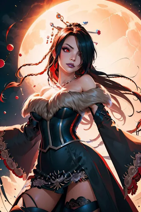 (masterpiece, best quality), 1girl, <lora:LuluV3:1> LuluX, red eyes ,strapless dress, multiple belts, fur trim, moogle, off-shoulder dress ,thighhighs