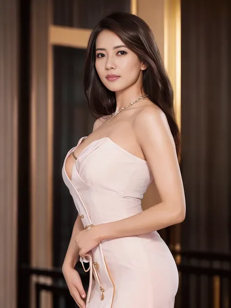 (photorealistic:1.4),(raw photo:1.2),official art,(extremely detailed CG:1.2), (masterpiece:1.2), (best quality:1.2),looking at viewer,(1girl),(long hair),standing,(thai tradition dress:1.05),pink dress,dynamic pose,(tradition shoulder shawl),((brown skirt)),(golden jewelry), , larger breasts, <lora:National goddess_V1:0.8>,, masterpiece, best quality,